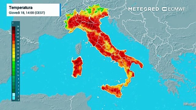 Mappa relativa alle alte temperature previste nei prossimi giorni