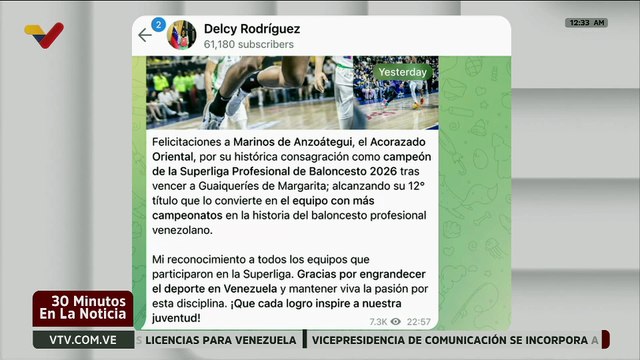 Presidenta (E) felicita a Marinos de Anzoátegui por su histórica consagración en la SPB 2026