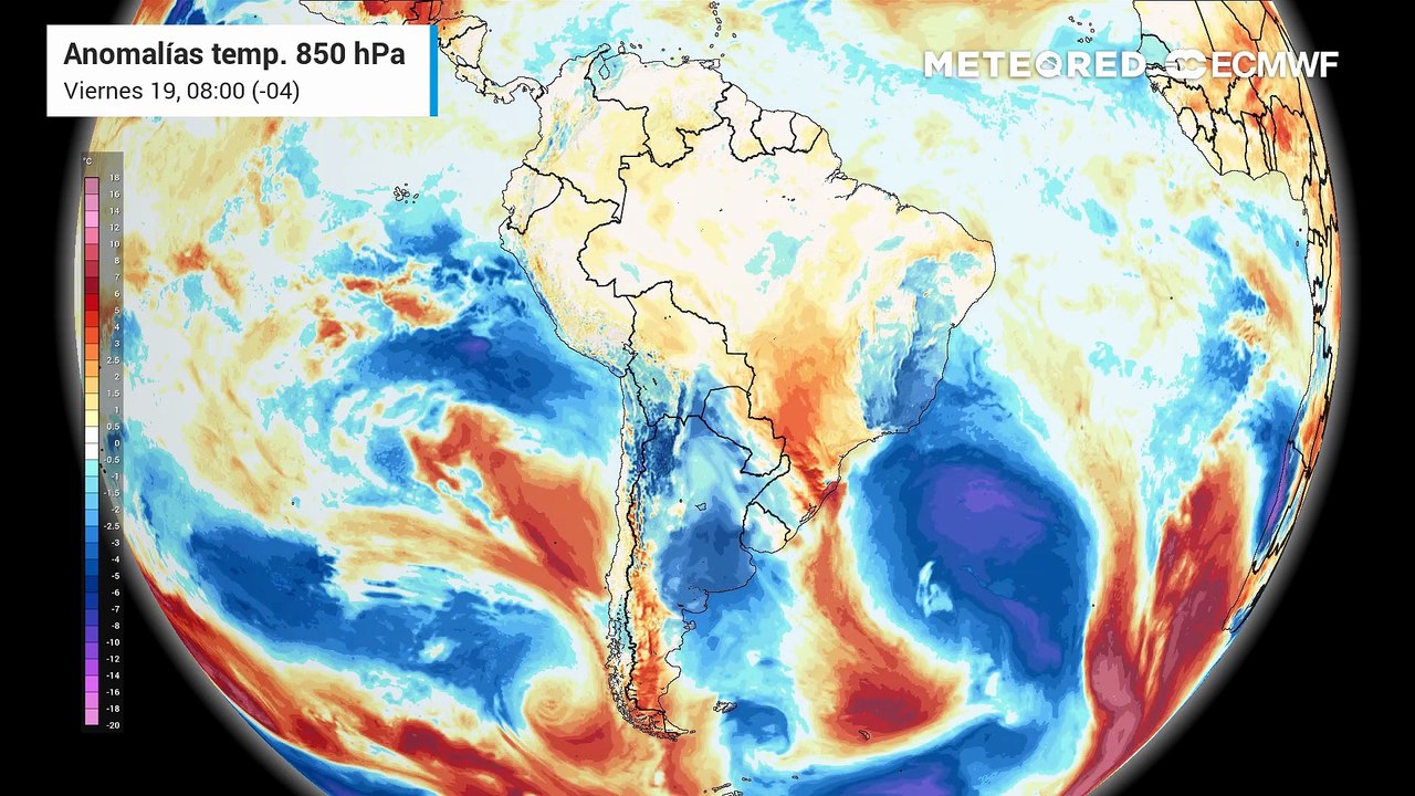 Pronóstico de anomalías de temperatura a 850 hPa: Viernes 19 de junio.