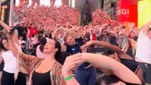 Norwegians crash Times Square yoga class during World Cup