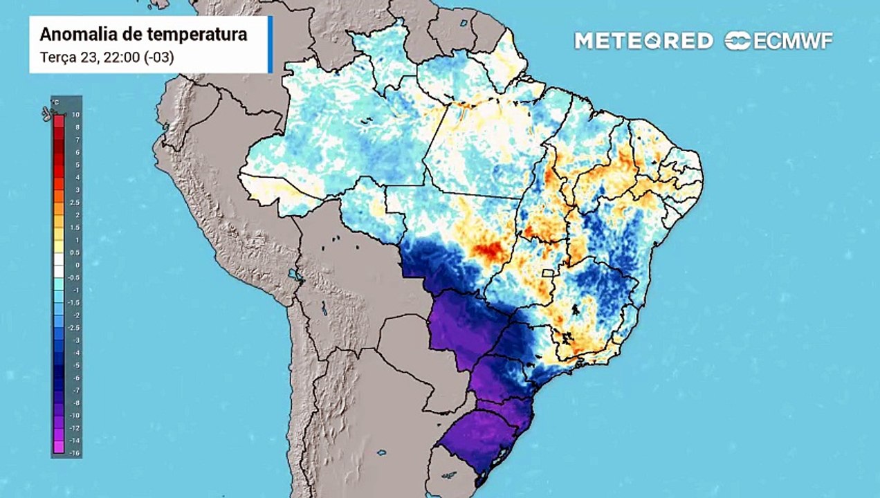 Terça-feira, 23 de junho: previsão de anomalia de temperatura