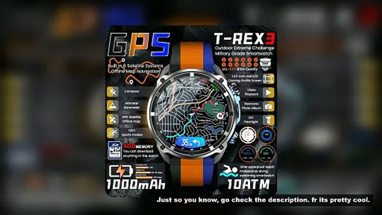 2025New Men Military GPS Map Smart Watch T-Rex3 Compass 4GB Memory 1000mAh Battery 10ATM Waterproof