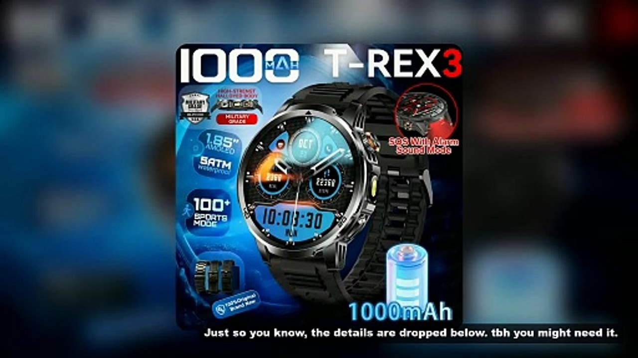 2026 T-Rex 3 Military Grade 1000mAh Battery Smart Watch IP68 Waterproof GPS Bluetooth Call 1.85"AMOL