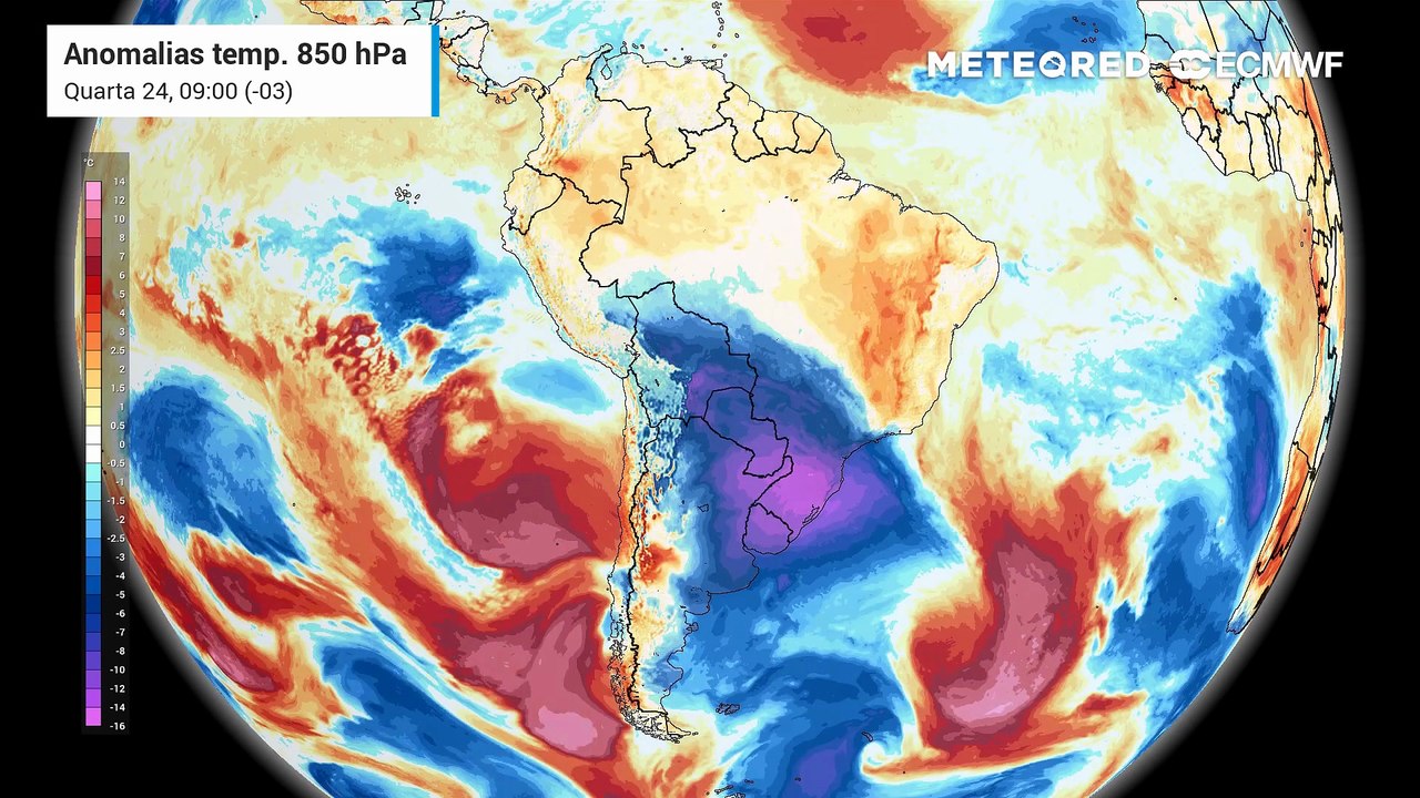 Quarta-feira, 24 de junho: Anomalia de temperatura em 850 hPa.