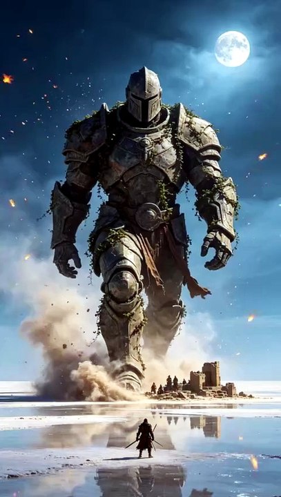 a colossal armored giant sentinel, motionless, overgrown with vines and time, in an endless salt flat mirroring the sky under a sky of falling embers. He walks slowly forward, each footstep shaking the earth and kicking