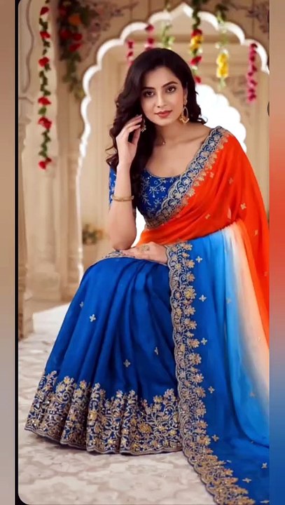 💙🧡 Royal Blue Orange Designer Saree | Party Wear Saree