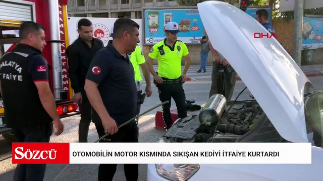 Otomobilin motor kısmında sıkışan kediyi itfaiye kurtardı