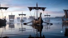 Cinematic wide shot of fleet of Viking longships approaching coastal village at dawn, oars in unison, dragon prows, shields on rails, morning mist, photorealistic, 4K, 10 seconds