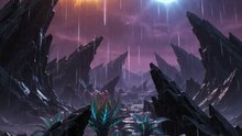 Cinematic alien planet with twin suns, purple acid rain falling, strange bioluminescent plants thriving in it, hostile beauty aesthetic, photorealistic world-building, 4K, 10 seconds