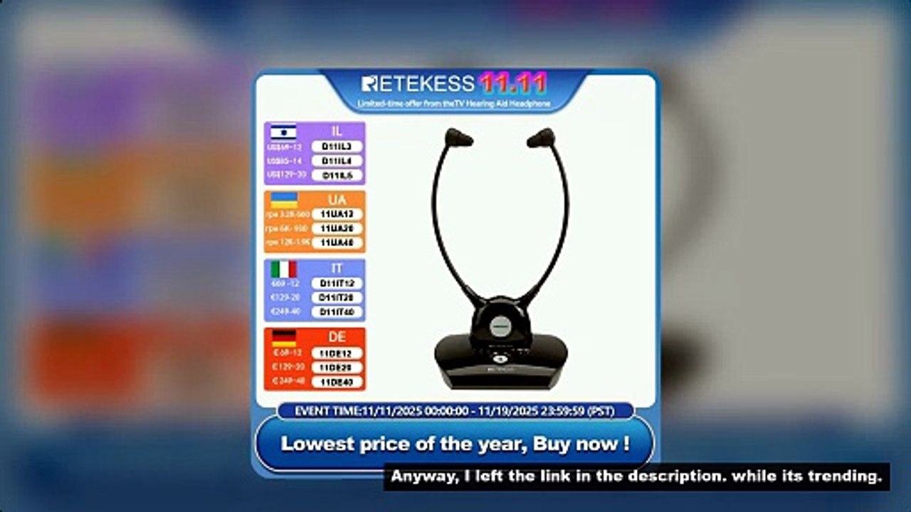 Retekess TA008 TV Hearing Aid Headphone Wireless TV Headset System 2.4GHz Wireless Headphone for Sen