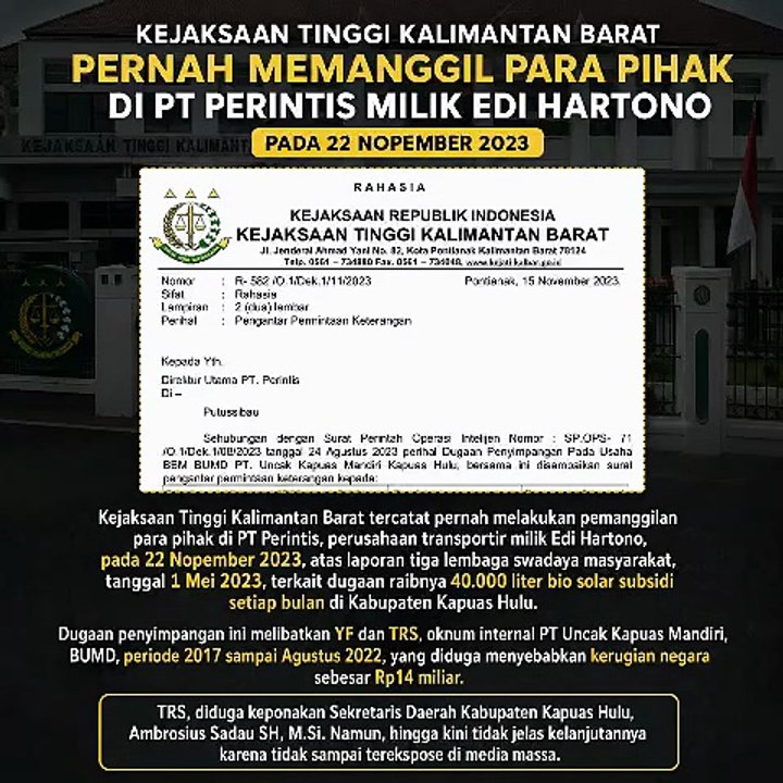 BUMD Motor Penyimpangan BBM Subsidi Diduga Libatkan Keponakan Sekretaris Daerah Kabupaten Kauas Hulu, Kerugian Negara Rp14 Miliar di Provinsi Kalimantan Barat, 2017 sampi Agustus 2022