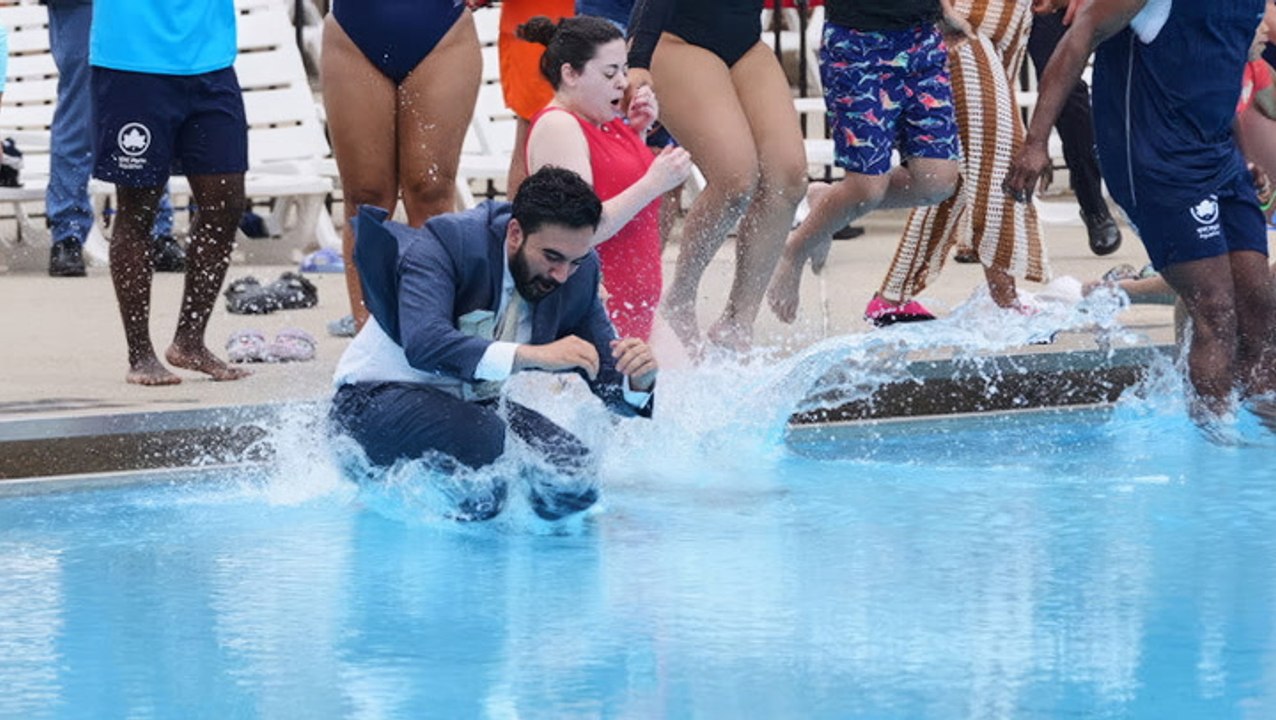 Watch: Zohran Mamdani jumps into pool in full suit to kick off NYC Summer Season