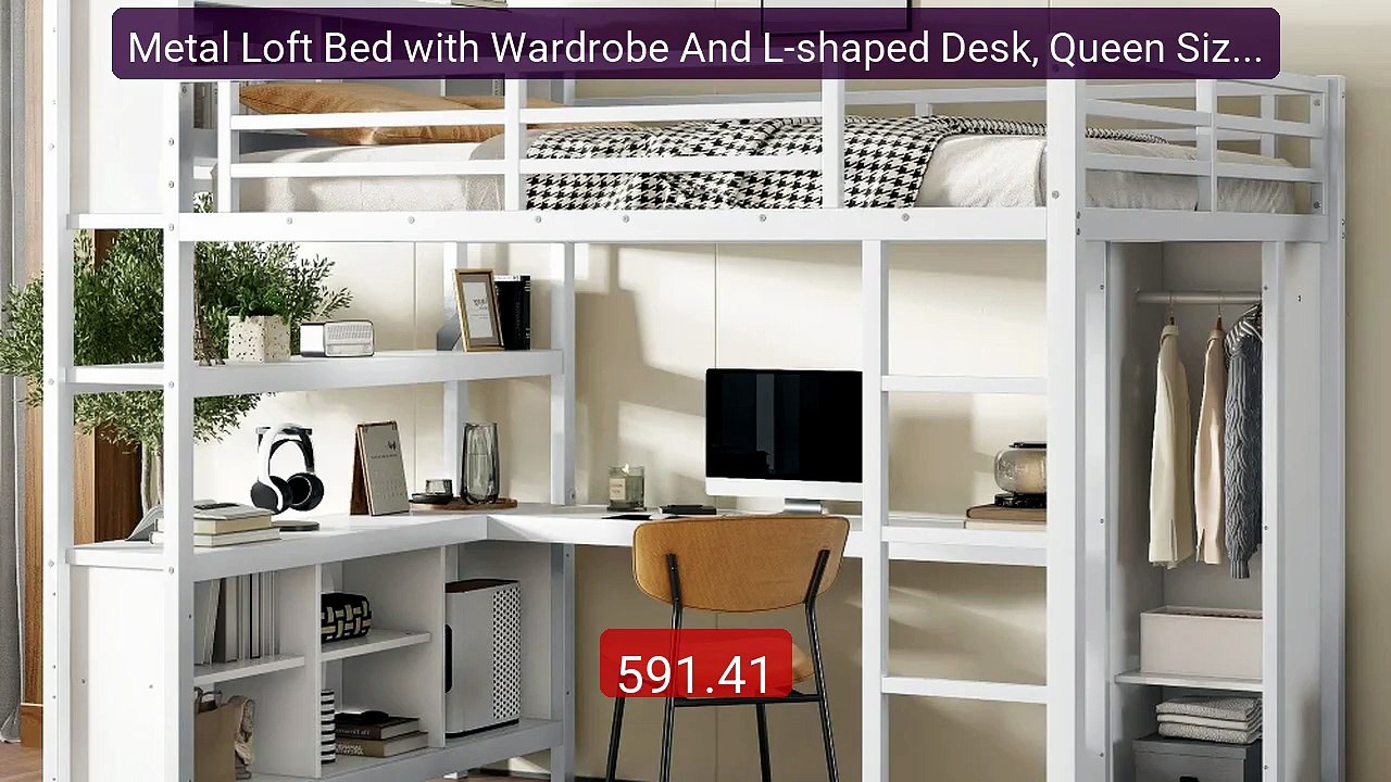 Metal Loft Bed with Wardrobe And L-shaped Desk, Queen Size Lof... -- Best Buy 2026 | Great Quality!