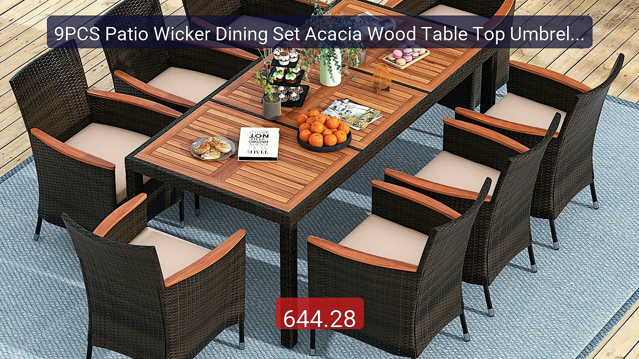 9PCS Patio Wicker Dining Set Acacia Wood Table Top Umbrella Hole Cu... -- Top Rated 2026 | Buy Now!