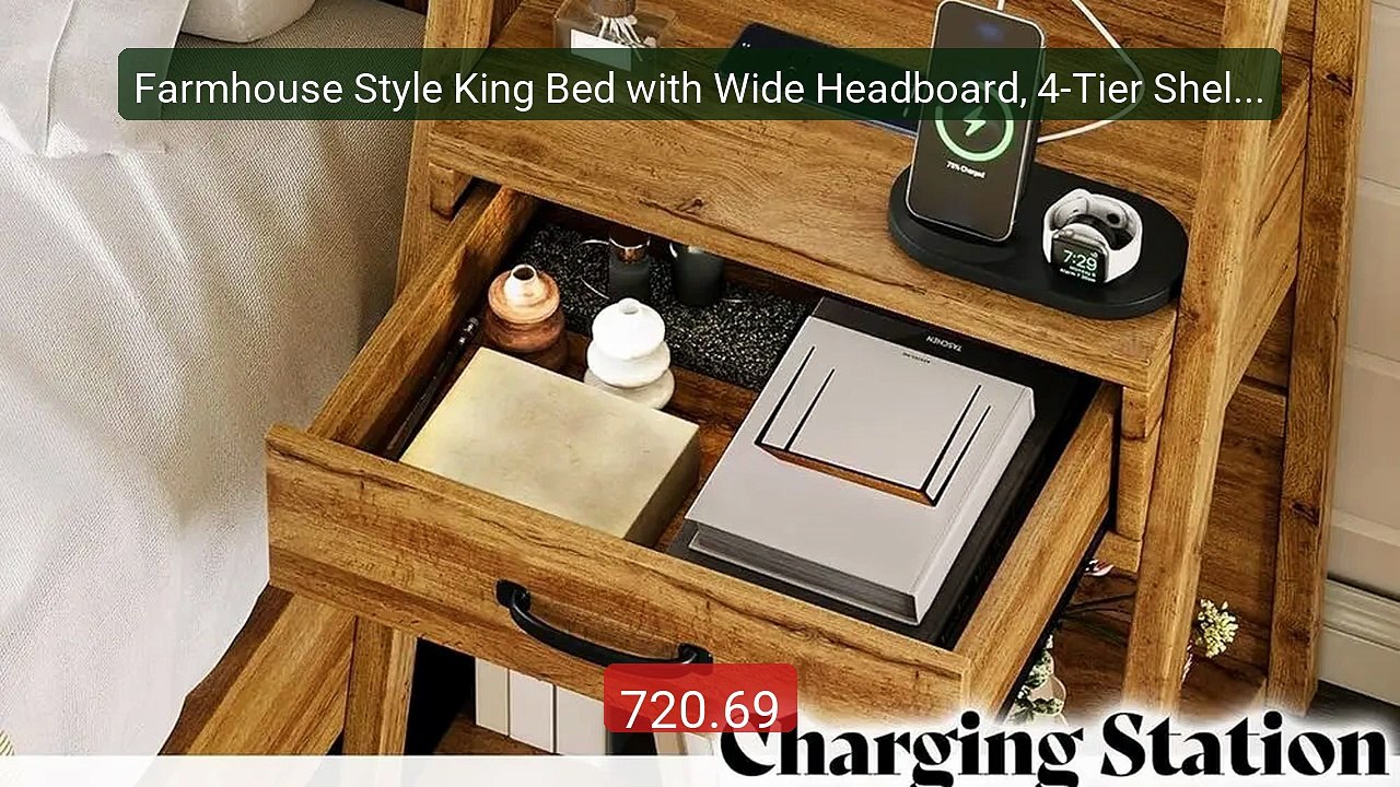 Farmhouse Style King Bed with Wide Headboard, 4-Tier Shelves, Charg... -- Top Rated 2026 | Buy Now!