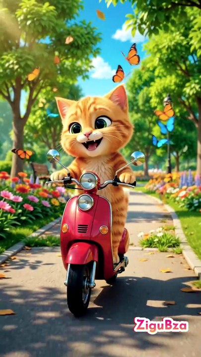 🐱 Cute Kitten Riding a Red Scooter 🛵 | Funny Cartoon for Kids AI generate animation video #cat #ZiguBza ZiguBza