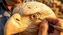 An old man carves a life-size Eagle from wood.