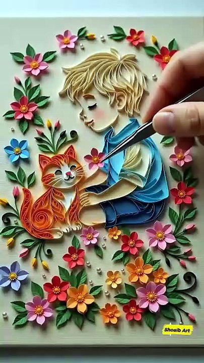Heartwarming Duo: Paper Quilled Boy and Cat Art | Shoaib Art 🐾🎨