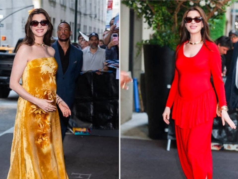 Auf Rot folgt Gelb: Anne Hathaway setzt ihren Babybauch in Szene