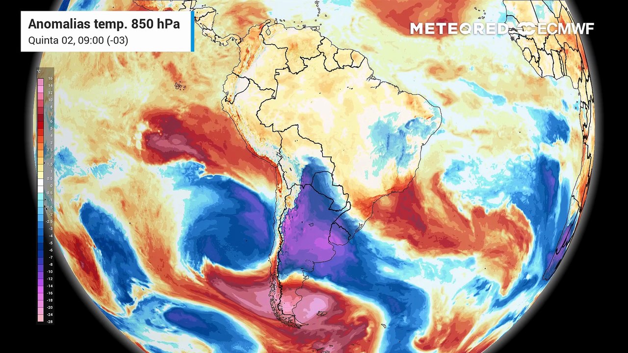 Quinta-feira, 2 de julho: Anomalia de temperatura em 850 hPa.