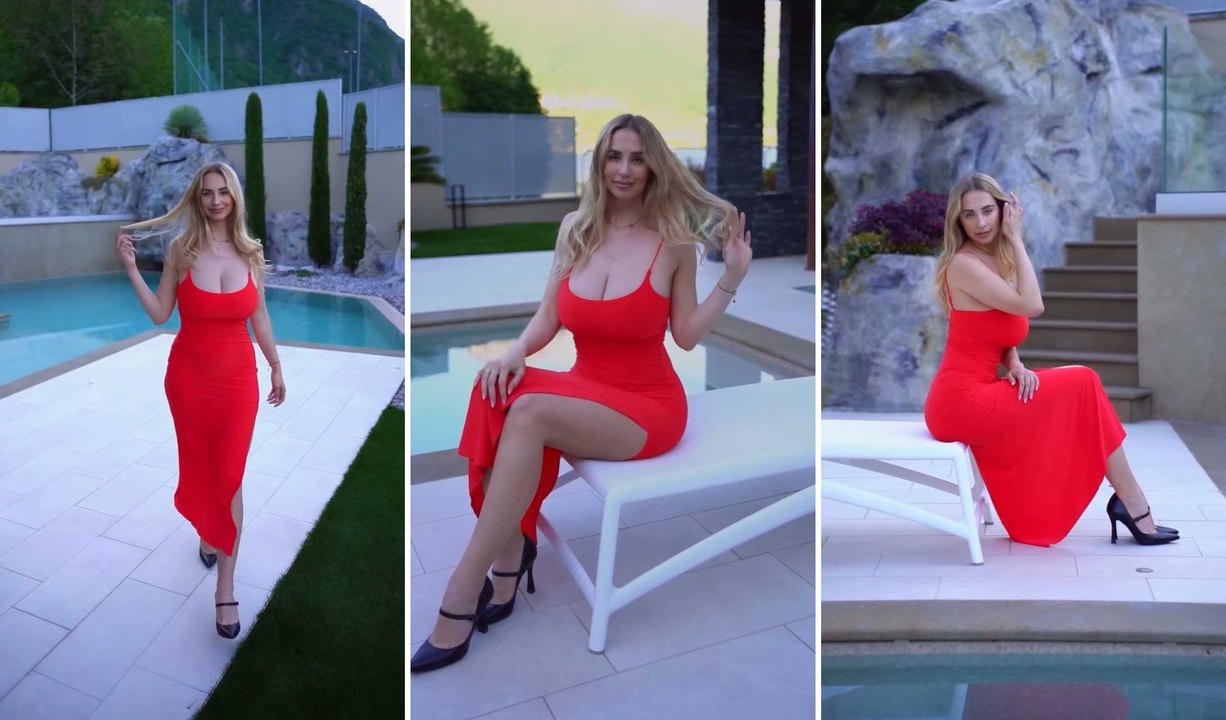 Maria Arreghini posa in uno scenario lussuoso a Villa Orchidea, sul Lago di Como