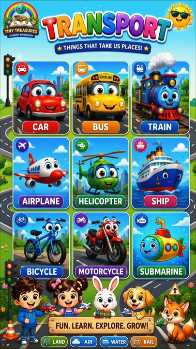 Learn Transport for Kids 🚗 Fun Vehicle Names with Cute Cartoon Vehicles