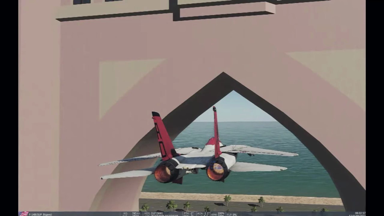 F 14 Tomcat 744 knots supersonic flight through Atlantis Dubai DCS World