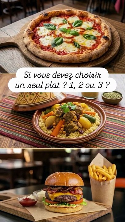 🔥 Si vous devez choisir qu'un seul plat ? Vous prenez lequel ? 1. #pizza 2. #couscous 3. #hamb.mp4