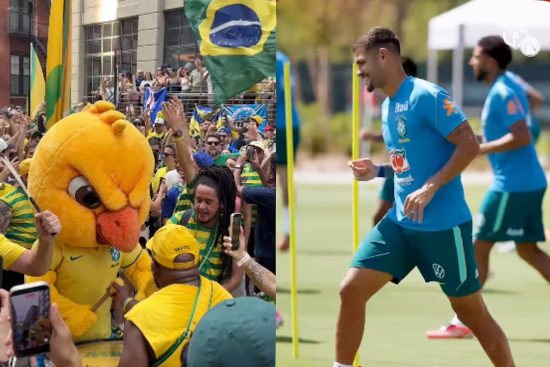 Brazil fans and the official mascot Canarinho take over New York before clash with Norway