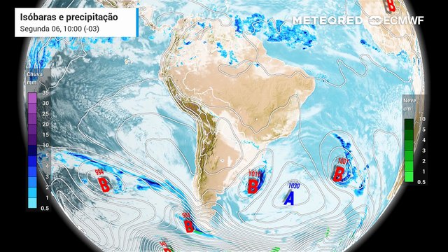 Segunda-feira, 6 de julho: Previsão de precipitação e isóbaras (linhas de pressão)
