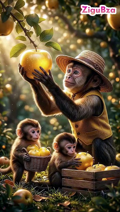 Cute Monkey Family Harvesting Giant Green Apples | Adorable Animal Story for Kids in a Magical Orchard #CuteMonkeys #MonkeyFamily #CuteAnimals #ZiguBza ZiguBza