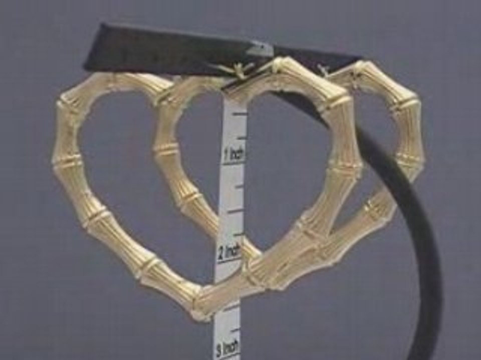 14K Gold Heart Bamboo Earrings Jewelry 2 7/8 Inch HB_34