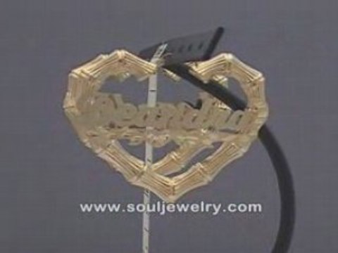 14K Gold Personalized Name Heart Bamboo Earrings 2 3/8 Inch