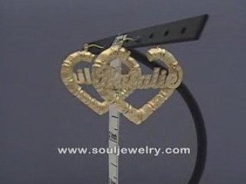 10K Thin Heart Bamboo Personalized Name Earrings 1 5/8 Inch