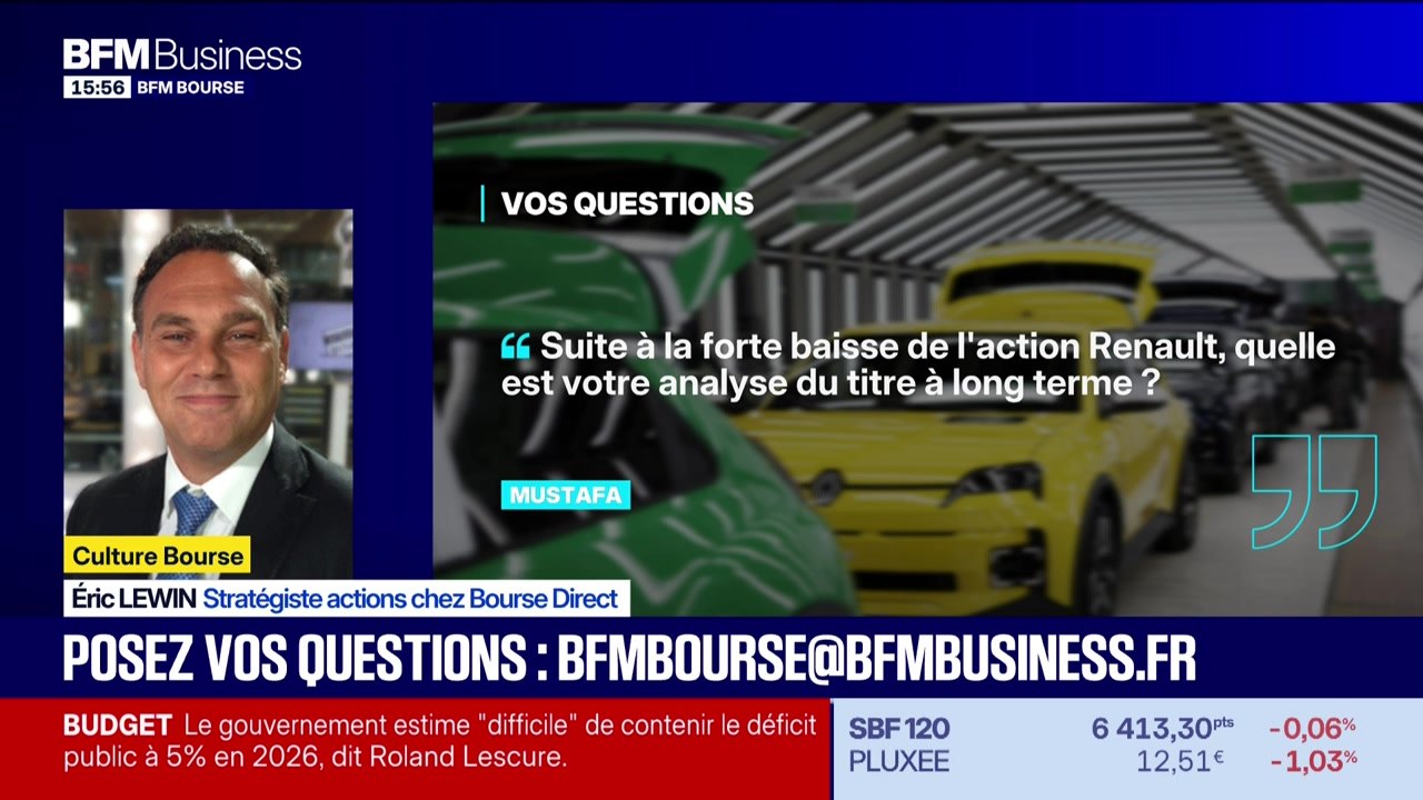 Culture Bourse : "Quelle est votre analyse du titre Renault à long terme ? Sa chute constitue-t-elle un point d’entrée intéressant à court/moyen terme, et à quels niveaux de prix ou conditions envisageriez-vous un achat ?", par Julie Cohen-Heurton - 07/07