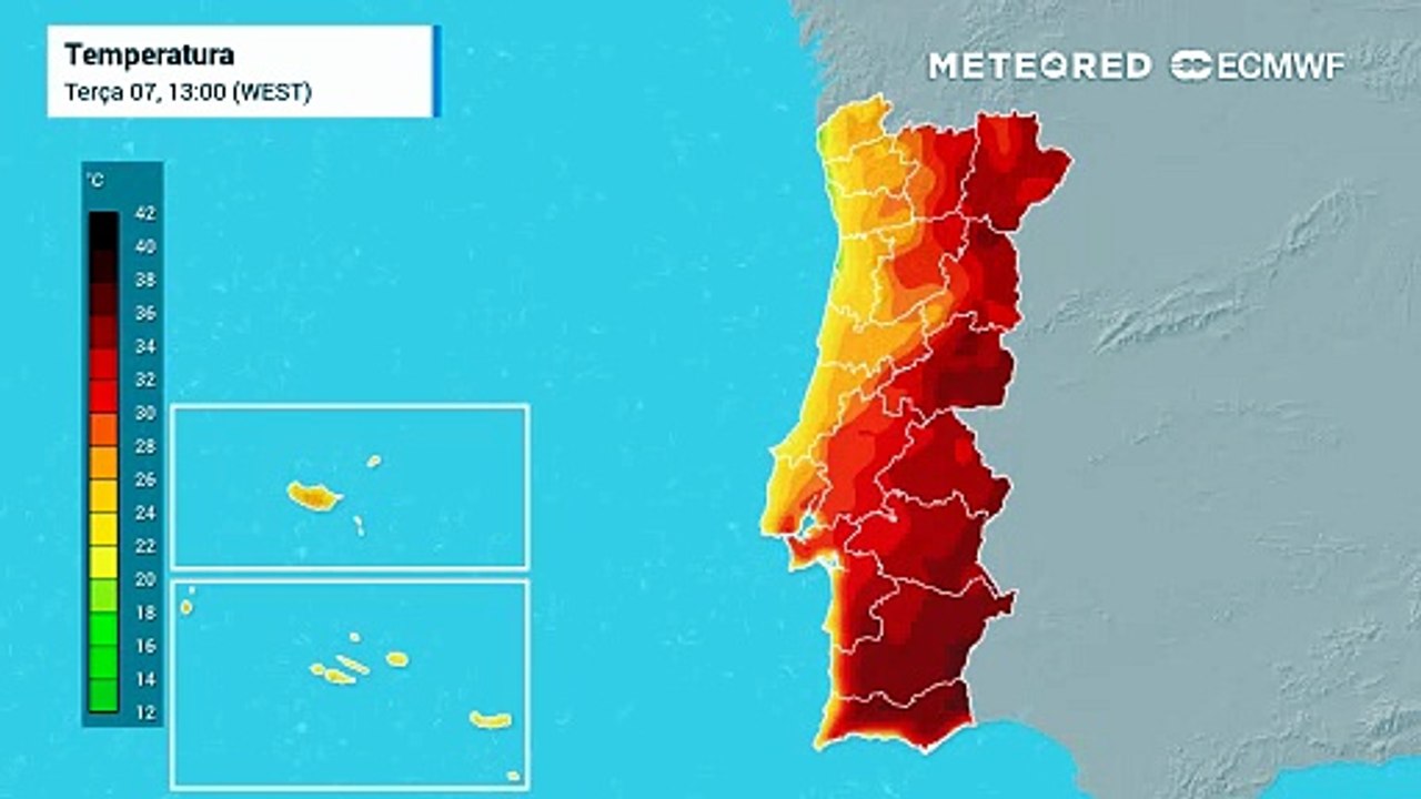 Mapa de temperatura ECMWF — quarta-feira, 8 de julho, das 10h às 20h