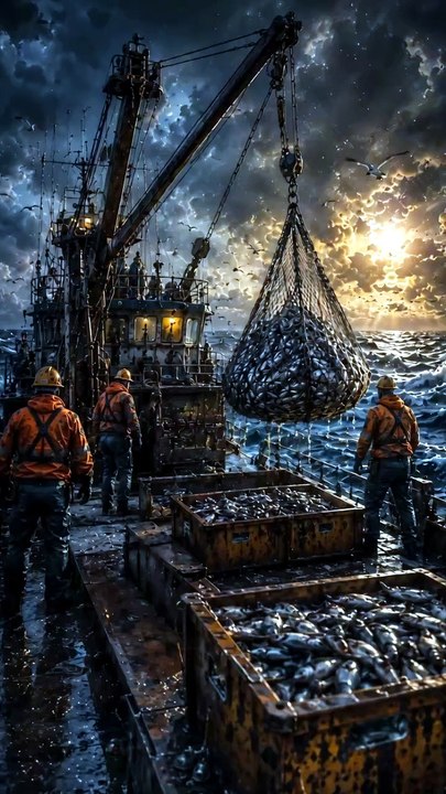 "Pescadores Enfrentam Tempestade no Atlântico e Puxam Rede GIGANTE de Peixes | Pesca Industrial Épica"