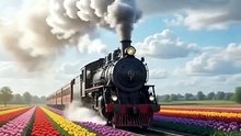 Ultra realistic cinematic train traveling through colorful tulip fields, blooming cherry blossom trees, lush green meadows, butterflies flying, bright blue sky with fluffy clouds, golden sunlight, ultra detailed, 8K HDR, vertical 9:16.