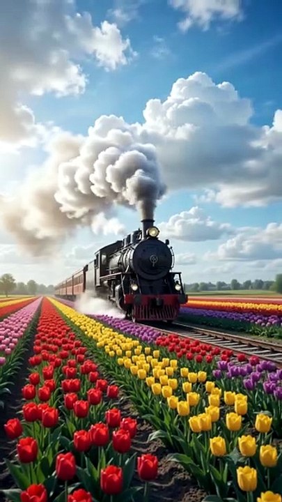 Ultra realistic cinematic train traveling through colorful tulip fields, blooming cherry blossom trees, lush green meadows, butterflies flying, bright blue sky with fluffy clouds, golden sunlight, ultra detailed, 8K HDR, vertical 9:16.