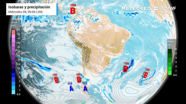 Pronóstico de isobaras y precipitación: Miércoles 8 de julio