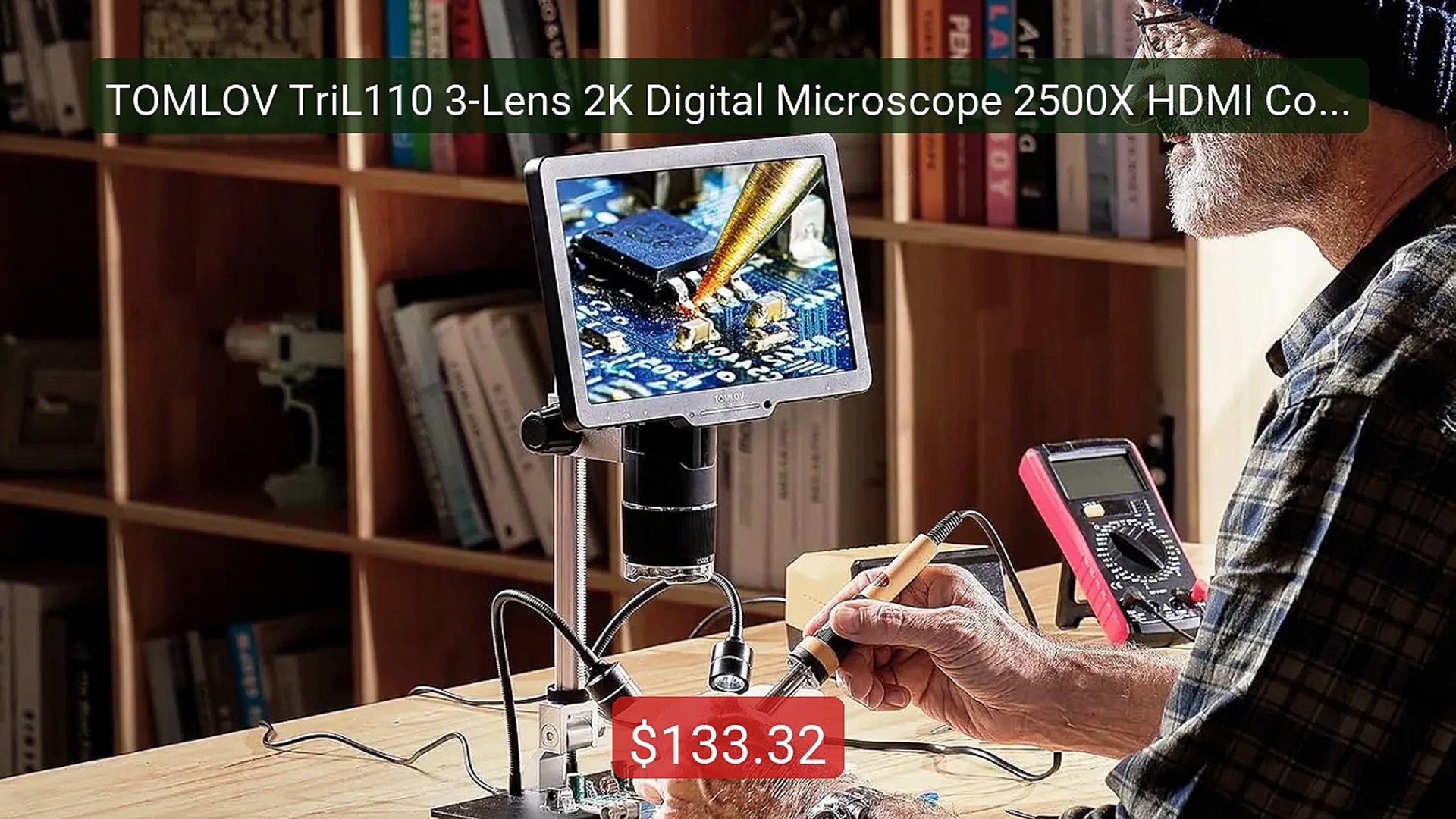 TOMLOV TriL110 25.7 cm 3 Lens 2K HDMI Digital Microscope 2500X, Coin Microscope Magnifier for Entire Coins with IPS Screen, LCD Soldering Microscope for Adults, 14 LED Lights, PC/TV Compatible, 64GB