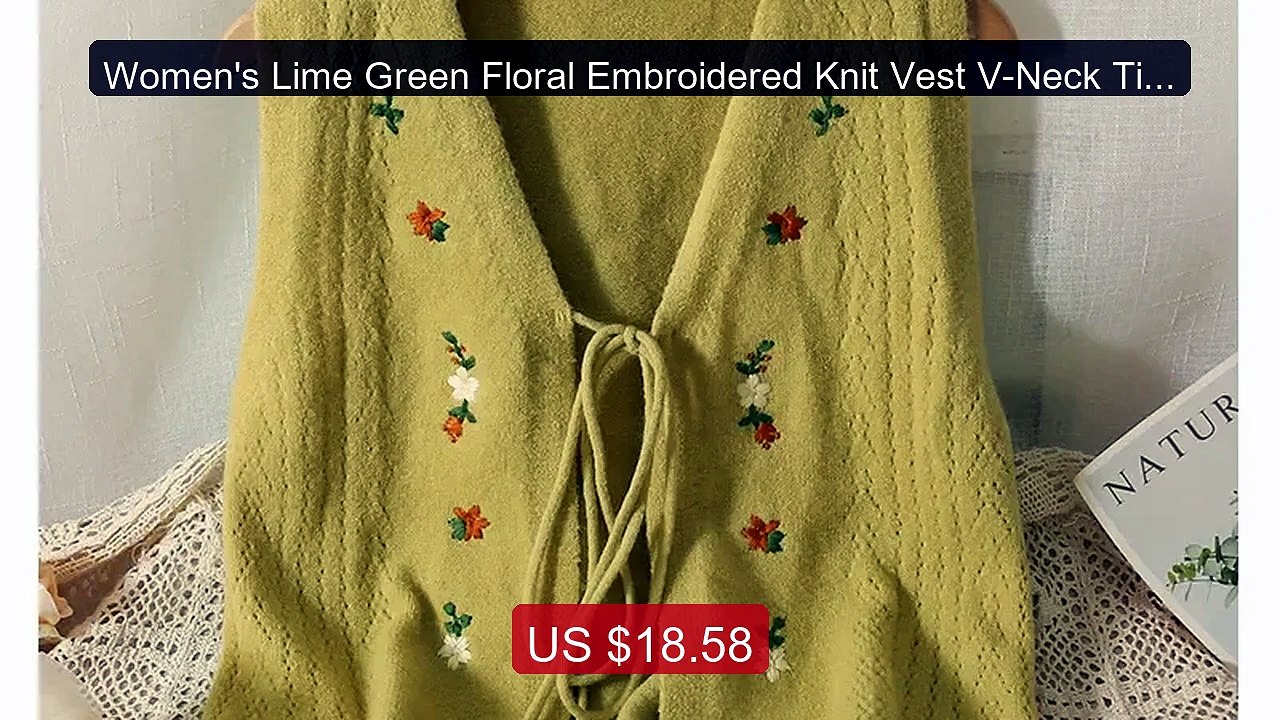 Women's Lime Green Floral Embroidered Knit Vest V-Neck Tie Fro... -- Best Buy 2026 | Great Quality!