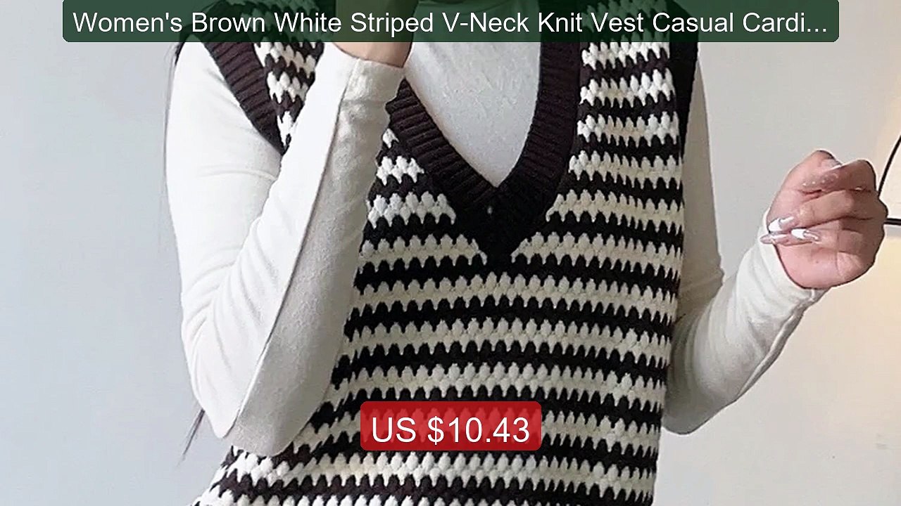 Women's Brown White Striped V-Neck Knit Vest Casual Cardigan A... -- Best Buy 2026 | Great Quality!