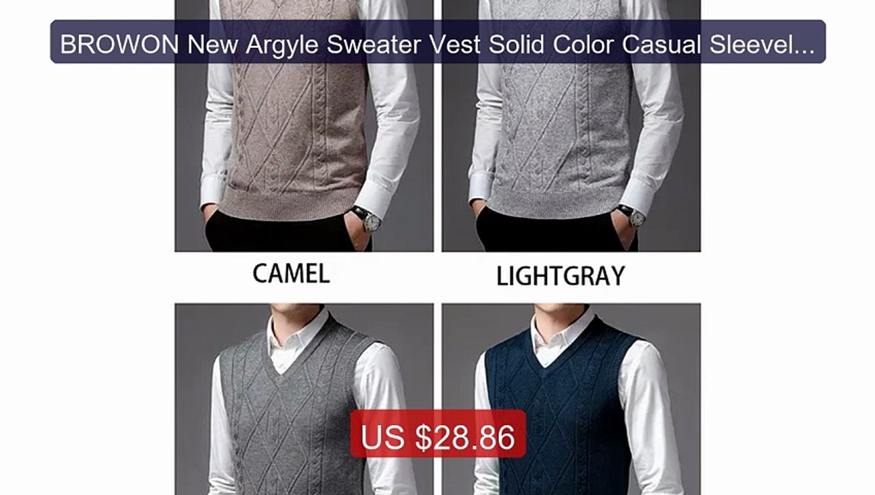 BROWON New Argyle Sweater Vest Solid Color Casual Sleeveless ... -- Amazing Value 2026 | Must Have!