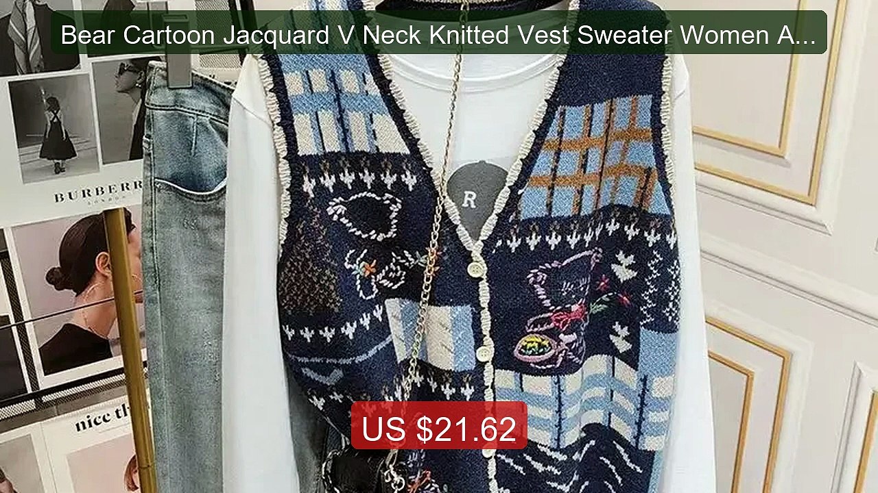 Bear Cartoon Jacquard V Neck Knitted Vest Sweater Women Aut... -- Top Pick 2026 | Unbeatable Price!