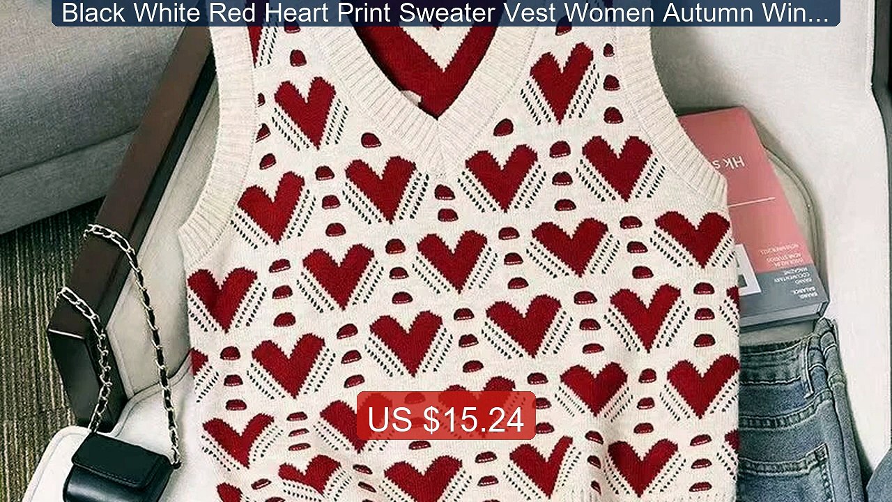 Black White Red Heart Print Sweater Vest Women Autumn Winter K... -- Hot Deal 2026 | Limited Offer!
