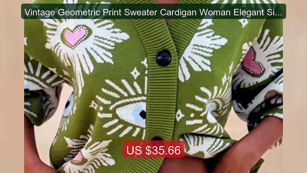 Vintage Geometric Print Sweater Cardigan Woman Elegant Sing... -- Top Pick 2026 | Unbeatable Price!