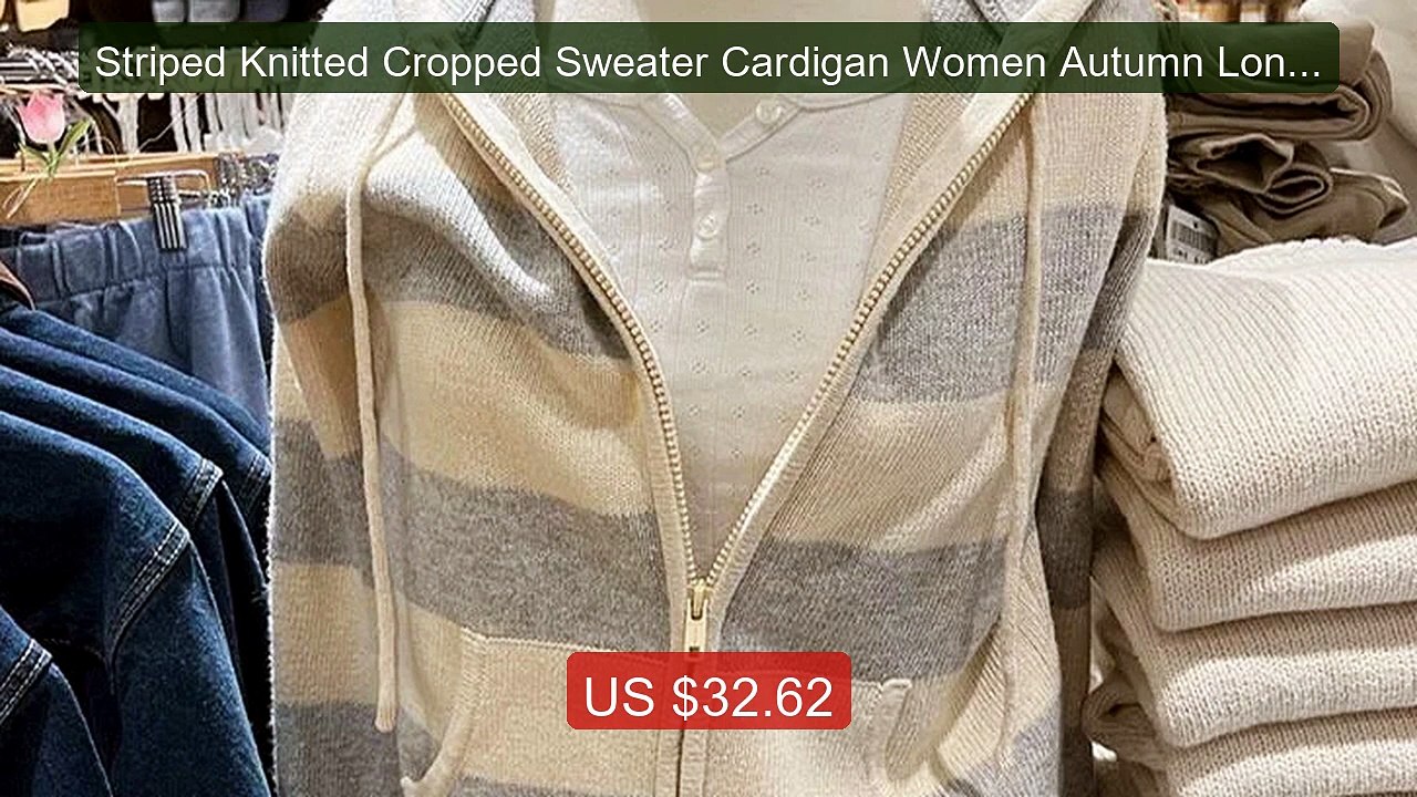 Striped Knitted Cropped Sweater Cardigan Women Autumn Long Sleeve ... -- Best Deal 2026 | Shop Now!