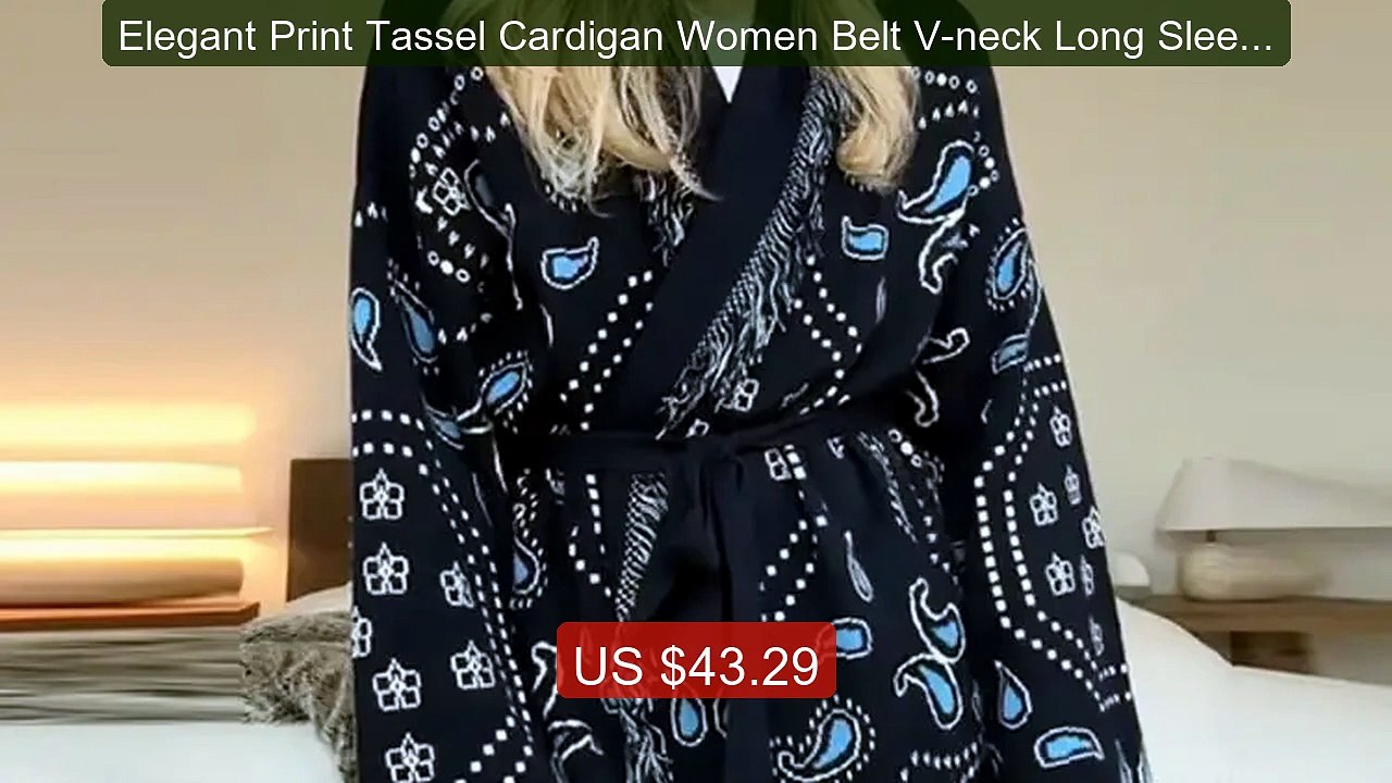 Elegant Print Tassel Cardigan Women Belt V-neck Long Sleeve Lo... -- Hot Deal 2026 | Limited Offer!