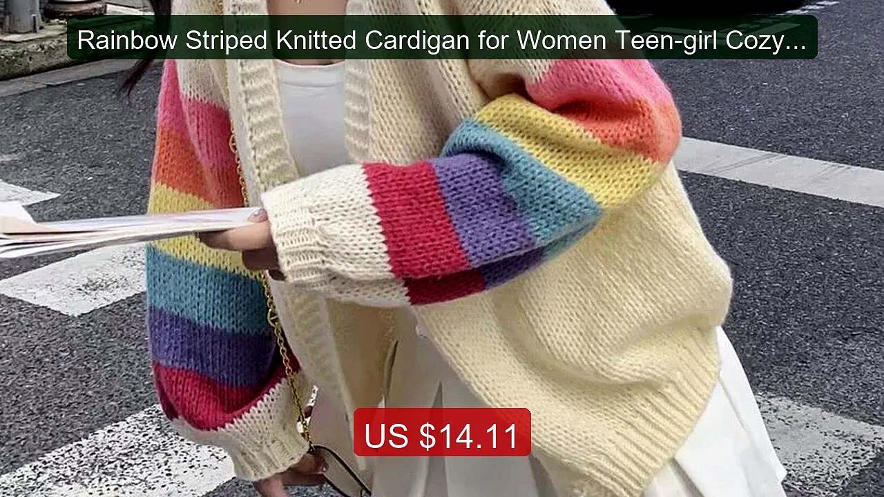 Rainbow Striped Knitted Cardigan for Women Teen-girl Cozy Soft Moh... -- Best Deal 2026 | Shop Now!
